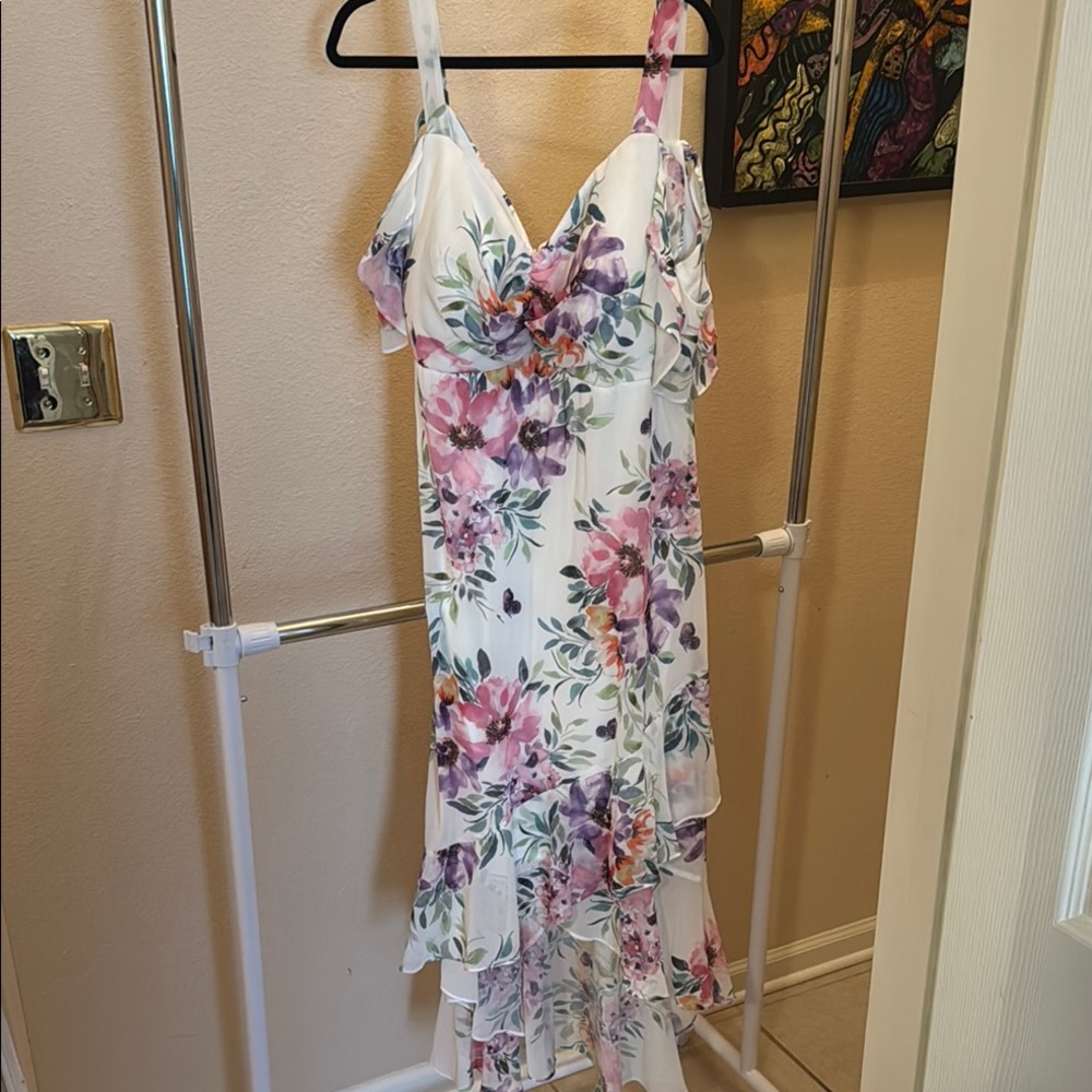 Floral White , Pink and Purple midi Dress